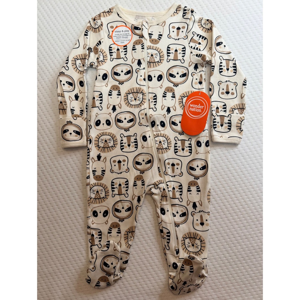 Wonder Nation Baby Safari Animal Organic Cotton 2-Way Zip Sleep Play 6-9M Ivory